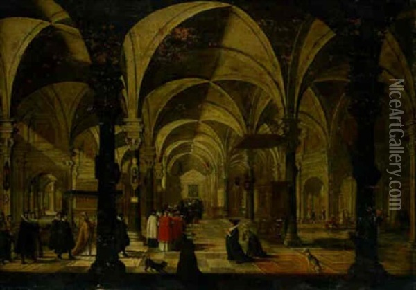 The Interior Of A Gothic Church With The Procession Of The Eucharist In The Foreground Oil Painting - Nicolas de Gyselaer