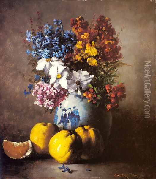 A Still Life with a Vase of Flowers and Fruit Oil Painting - Germain Theodure Clement Ribot
