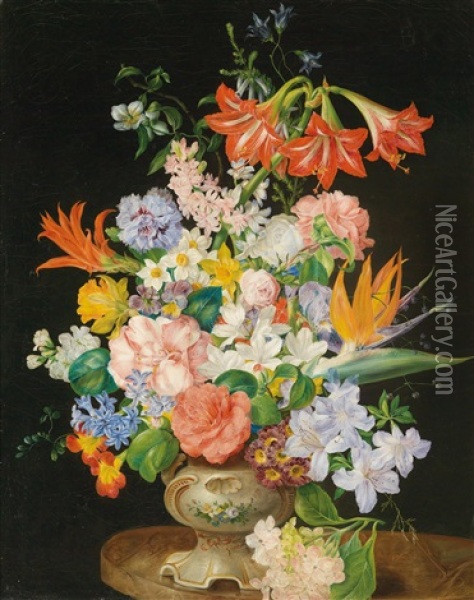 Blumenstuck Mit Kamelie, Azalee, Strelitzie, Amaryllis Und Hyazinthe Oil Painting - Johann Knapp