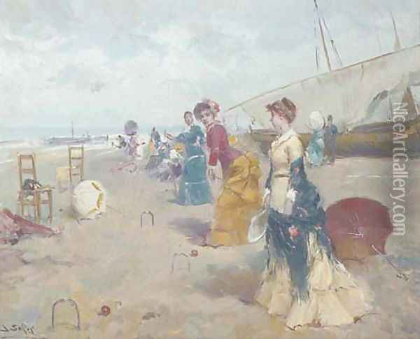 Croquet on the beach Oil Painting - Joan Roig Soler