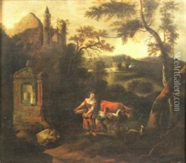 Milkmaidswith A Goat And A Cow By A Fountain And Castle Ruins Oil Painting - Abraham Jansz Begeyn