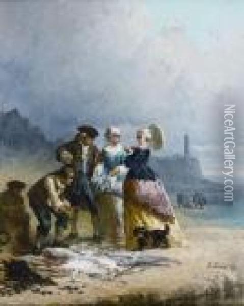 Pecheur Montrant Son Poisson A Un Seigneur Et Deux Dames Sur La Plage Oil Painting - Eugene Isabey