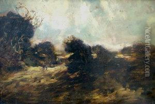 Figures In A Windswept Rural Landscape Oil Painting - John Linnell