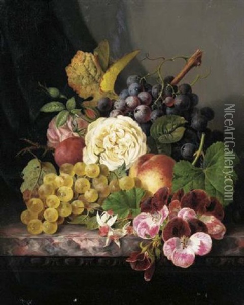 Grapes, A Plum, A Peach, Roses, Fuchsias And Pansies On A Marble Ledge Oil Painting - Edward Ladell