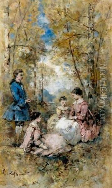 Couple Et Deux Enfants Dans Un Parc Oil Painting - Emile Aubert Lessore