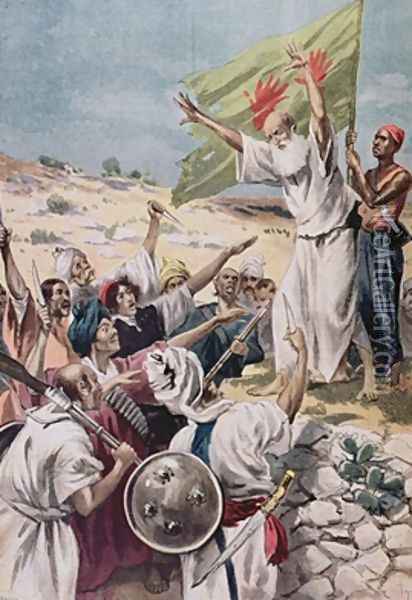Preaching Holy War during an uprising in British India illustration from Le Petit Journal 1897 Oil Painting - Fortune Louis Meaulle