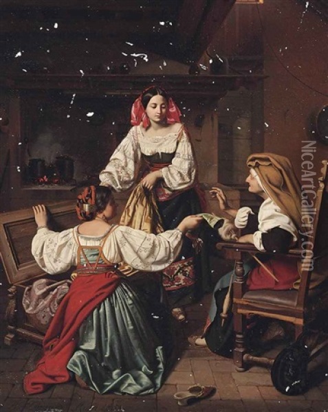 Three Ladies By A Range In An Interior Oil Painting - Benno Friedrich Tormer