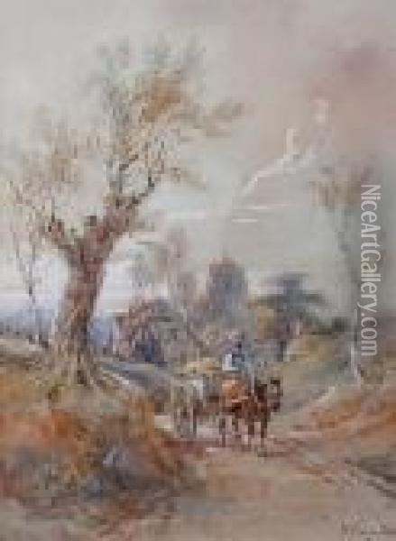 Figure Driving A Horse And Cart 
On A Country Lane, A Church In The Mid Distance, Signed Lower Right Oil Painting - Henry Earp