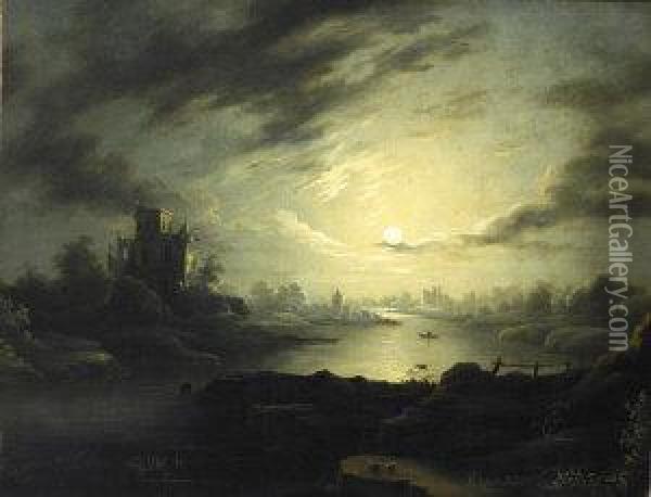 Moonlit Lake With Castle Oil Painting - Sebastian Pether
