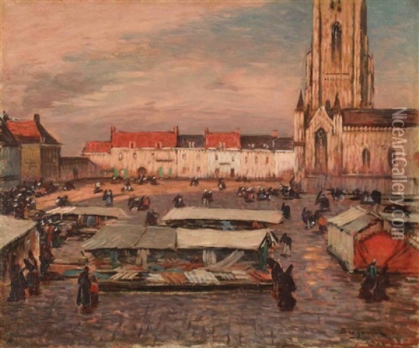 Place Du Marche A Abbeville Oil Painting - Louis Braquaval