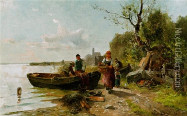 Fischerfamilie Am Chiemseeufer Oil Painting - Karl Adam Heinisch