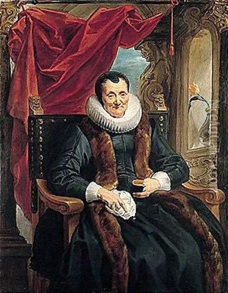 Portrait Of Magdalena De Cuyper, Seated Three-quarter Length In Black, With White Lace Cuffs And Ruff, And A Fur-trimmed Coat, Before An Opening Partly Concealed By A Draped Red Cloth Oil Painting - Jacob Jordaens