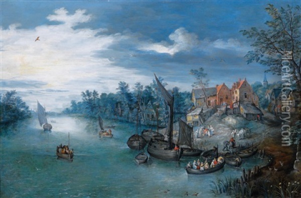 A River Landscape With Boats And A Village Beyond Oil Painting - Joseph van Bredael
