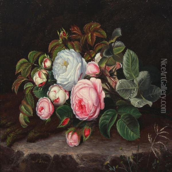 Still Life With Roses Oil Painting - I.L. Jensen