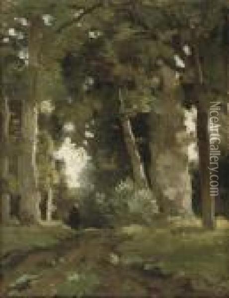A Figure On A Wooded Path In A Forest Oil Painting - Theophile Emile Achille De Bock