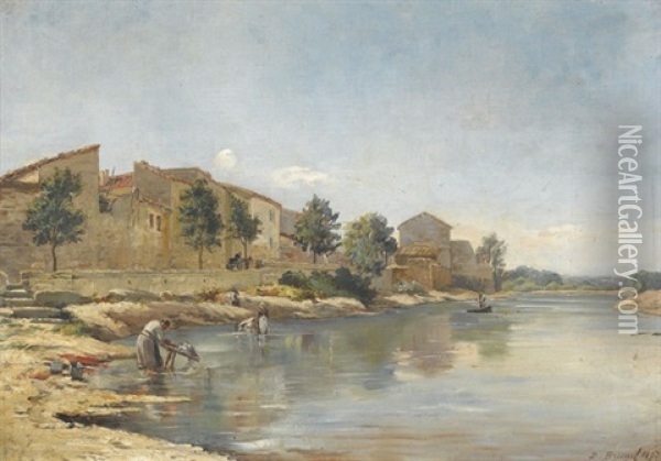 Flussuferpartie Mit Wascherinnen Oil Painting - Jean Baptiste Brunel