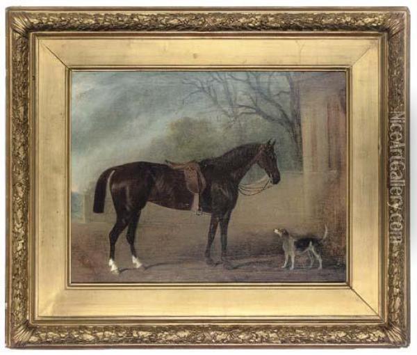 A Chestnut Hunter And Foxhound In A Courtyard Oil Painting - John Jnr. Ferneley
