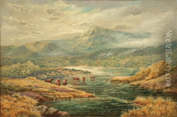 Highland Scene With Cattle: Two Works Oil Painting - Henry John Livens