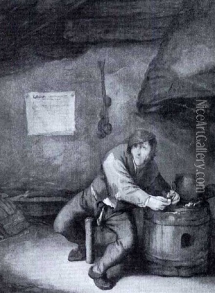 Boor Filing A Pipe At A Barrel By The Fireplace Of An Inn Oil Painting - Adriaen Jansz van Ostade