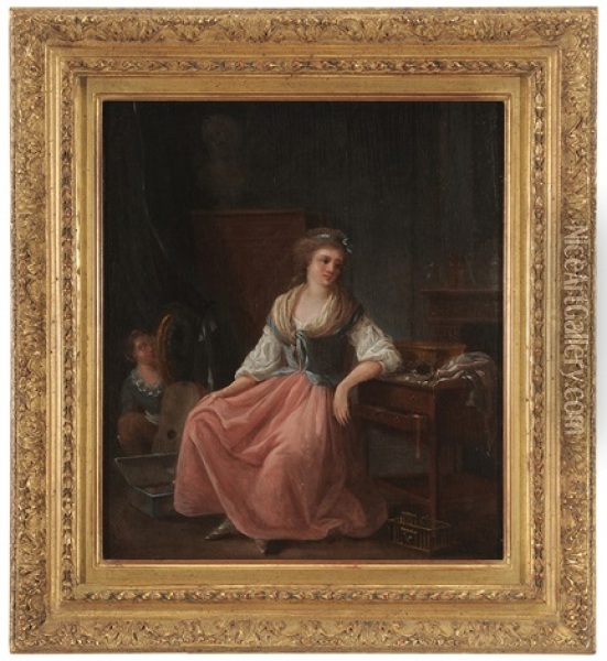A Young Woman Seated At A Poudreuse (dressing Table), With Bird Nest And Cage, A Young Man Hiding Behind A Curtain Oil Painting - Jean-Frederic Schall