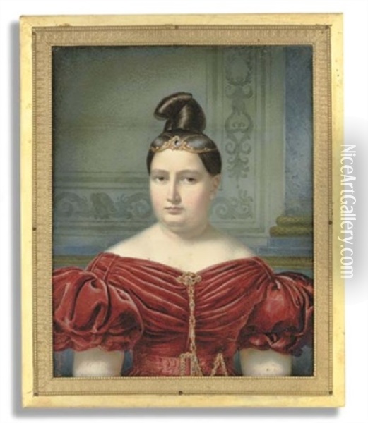A Young Lady (the Artist's Wife?), In Red Dress With Short Puffed Sleeves, Orange And Red Enamelled Gold Brooch And Matching Chain Suspended From Corsage And Matching Belt Buckle On Red Sash Oil Painting - Michel Ghislain Stapleaux