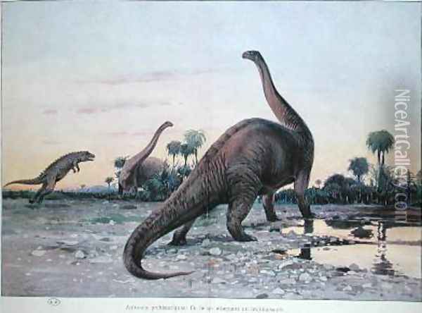 Prehistoric Animals a Laelaps attacking a Brontosaurus Oil Painting - Wilhelm Kuhnert