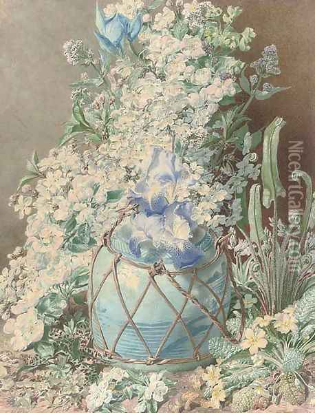 Gladioli, irises, sweet peas, apple blossom, primulas and other spring flowers in an oriental vase Oil Painting - Henry Anelay