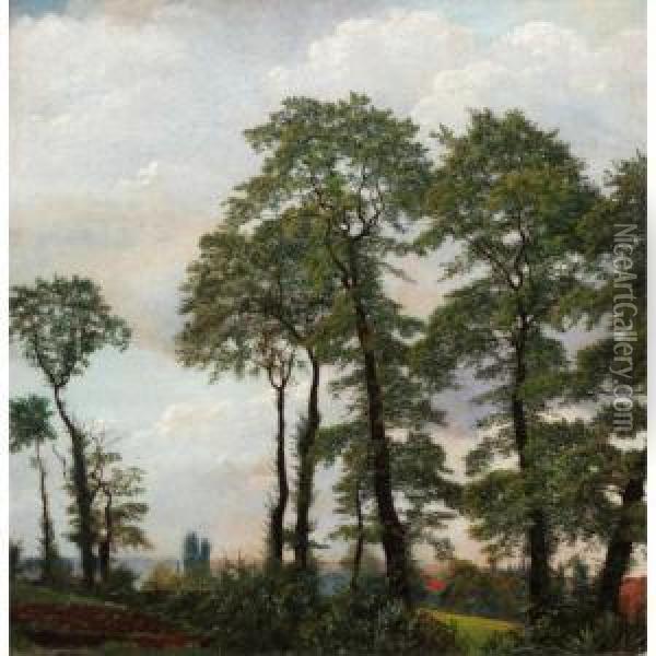 A Wooded Landscape Oil Painting - E. Rowley