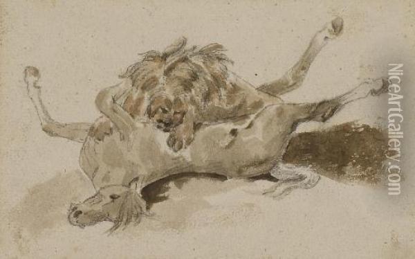 Un Lion Devorant Un Cheval Oil Painting - Theodore Gericault
