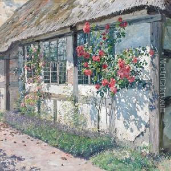 Red And Pink Roses In The Sun By An Old Farmhouse Oil Painting - Robert Panitzsch