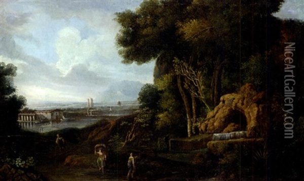 Landschaft Mit Felsgrotte, Im Hintergrund Fluss Und Stadt Oil Painting - Cornelis Huysmans