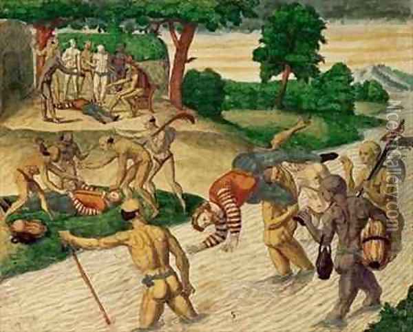 South American Indians drowning Spaniards to see if they are immortal Oil Painting - Theodore de Bry