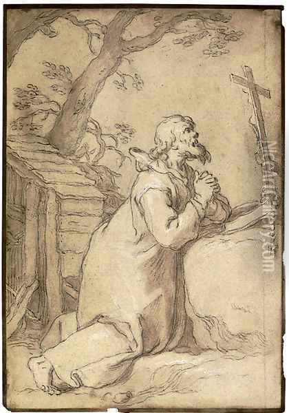 Saint Paul of Phermae kneeling in prayer before a crucifix Oil Painting - Abraham Bloemaert