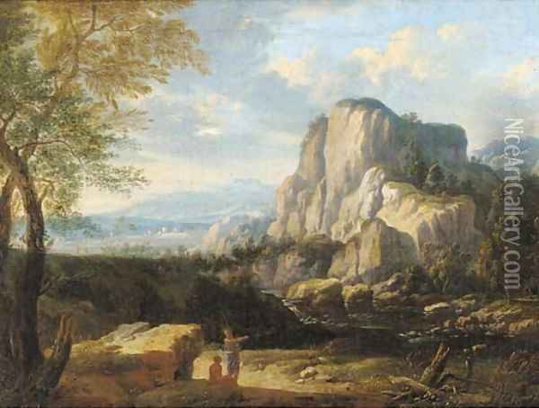 An Italianate landscape with travellers at halt by a river Oil Painting - Gaspard Dughet