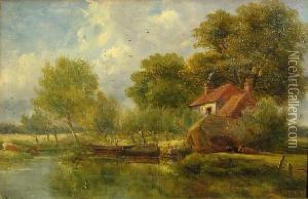 A Ferry On The Lea, Tottenham; A Lane At Millhill, Middlesex (a Pair) Oil Painting - Adam Barland