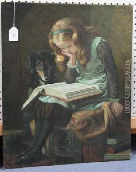 Girl Reading Beside A Dog Oil Painting - Briton Riviere