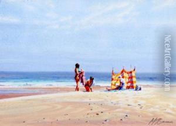 Figures On A Beach Oil Painting - J.M. Sanders