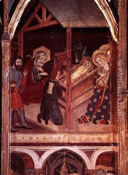 The Adoration of the Shepherds, panel from the altarpiece of Sigena, 1375 Oil Painting - Hermanos Serra