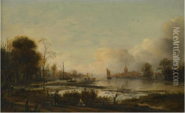 A River Estuary At Dusk With Figures Returning Home Along A Track,a Town Beyond Oil Painting - Aert van der Neer