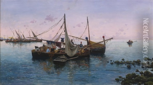 In The Harbor Oil Painting - Blas Olleros Y Quintana