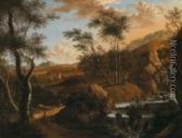 Paesaggio Roccioso Boschivo Meridionale Con Cascata E Cavalieri Oil Painting - Frederick De Moucheron