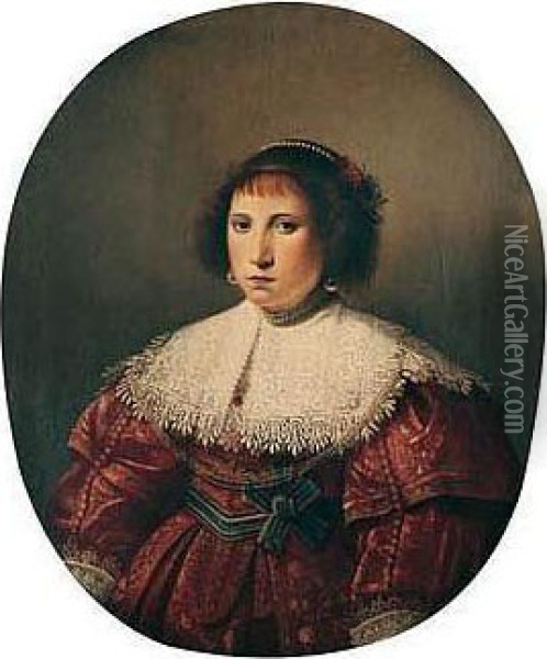 Portrait Of A Lady, Half Length, Wearing A Burgundy Dress With A Lace Collar Oil Painting - Pieter Dubordieu