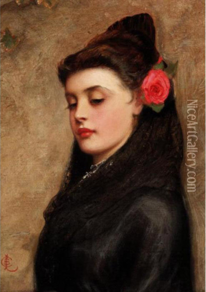 Portrait Of A Girl With A Rose In Her Hair Oil Painting - Charles Sillem Lidderdale