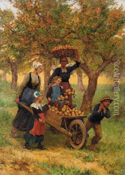 Harvesting Apples Oil Painting - Theophile-Louis Deyrolle
