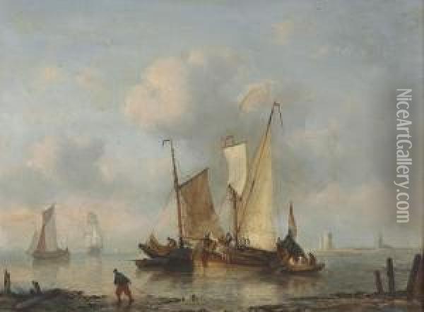 Segelschiffe An Der Niederlandischen Kuste. Oil Painting - George Willem Opdenhoff
