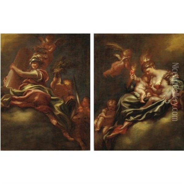 Virtu Guerriera (+ La Carita; Pair) Oil Painting - Gregorio de Ferrari