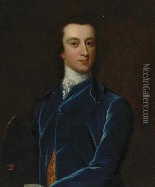 A Portrait Of A Gentleman, Half-length, In A Blue Coat Oil Painting - Joseph Highmore