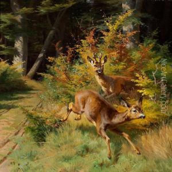 Deer In The Woods Oil Painting - Adolf Henrik Mackeprang