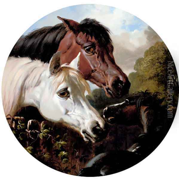 Two Horses with a Foal, by a Fence Oil Painting - John Frederick Herring Snr