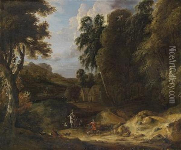 A Mountain Landscape With A Huntingparty Oil Painting - Jan Baptist Huysmans